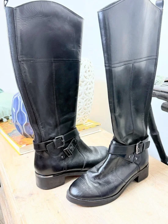 Bandolino Black Knee High Riding Boots Womens 6 Leather Buckle Zip Classic - Picture 4 of 7